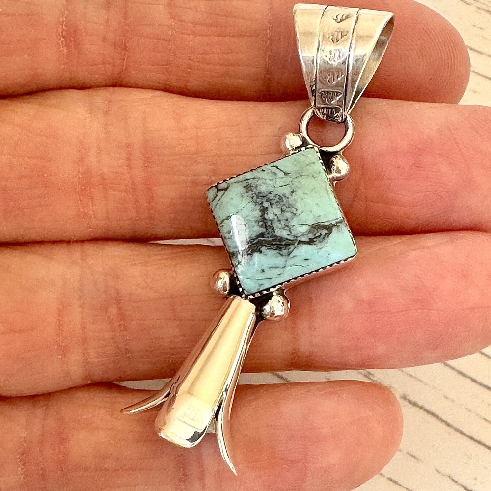 Navajo Squash Blossom Turquoise Pendant 2in Sterling Naja Coho Native American‎